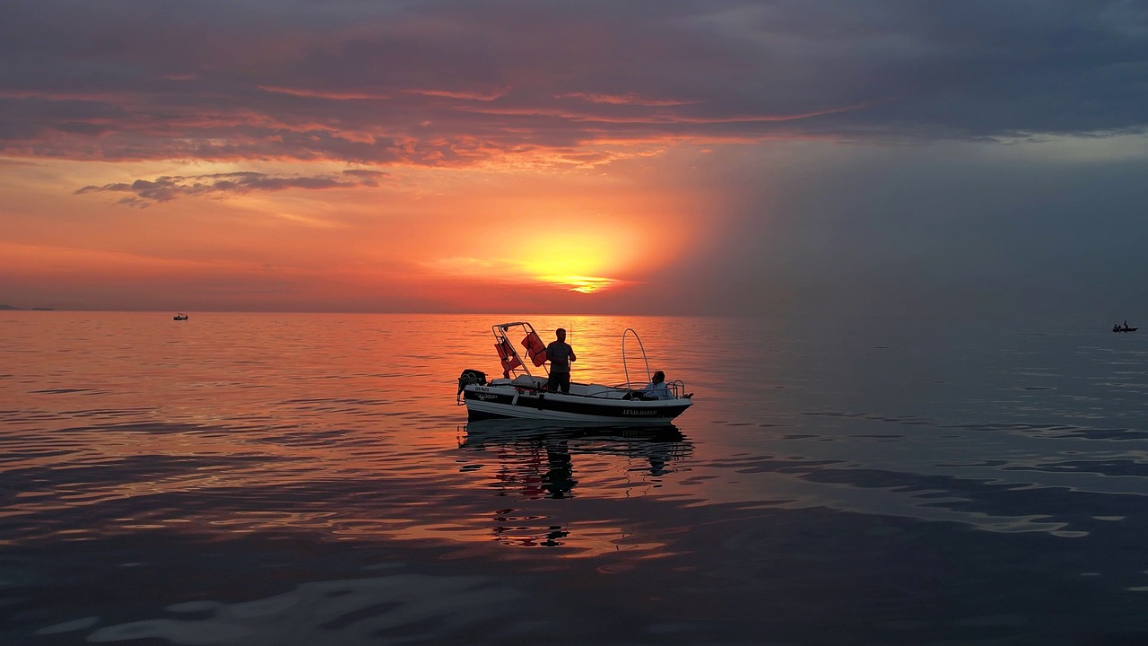 sunset, sea, fishing